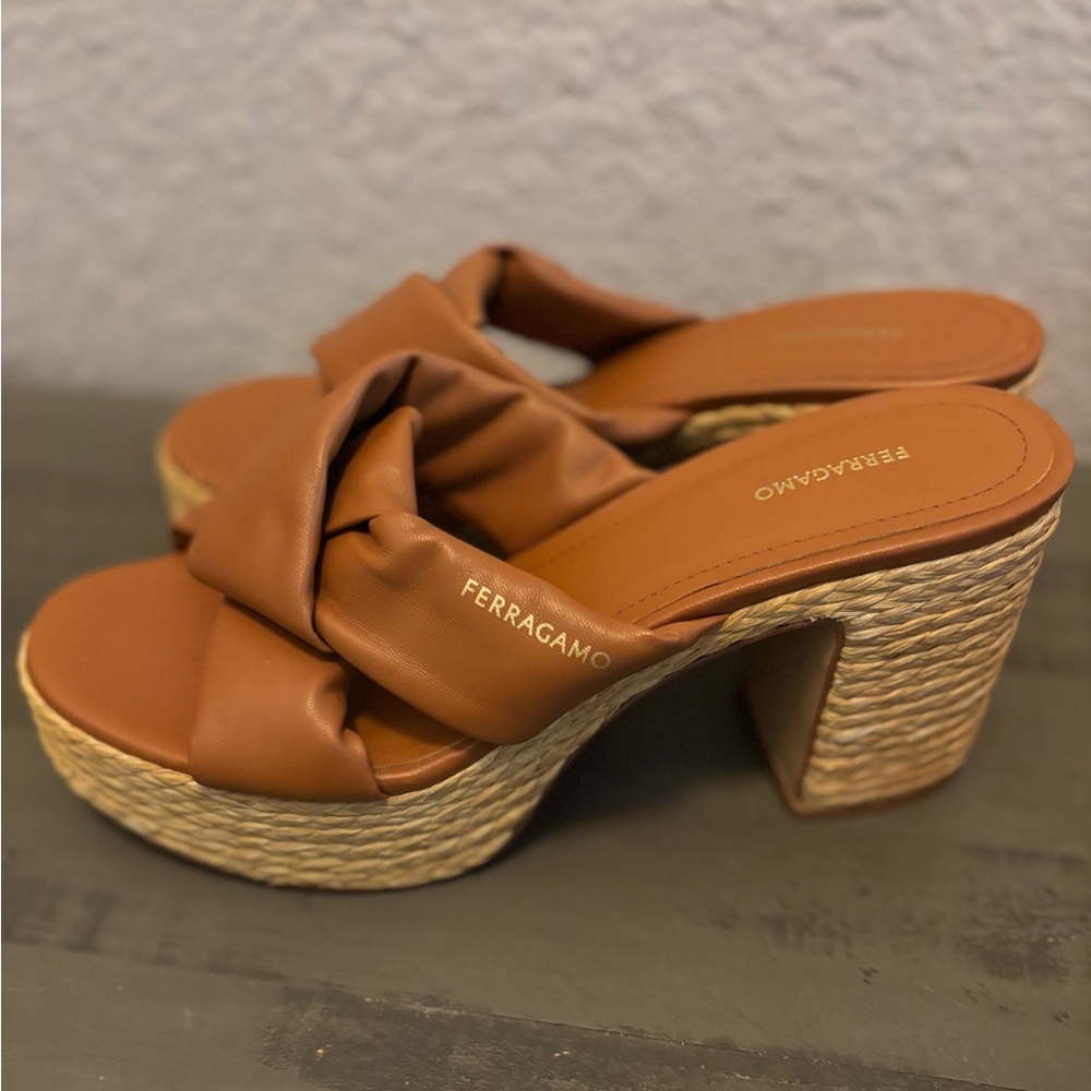 Salvatore Ferragamo Douglas Padded Leather Raffia Platform Sandals
